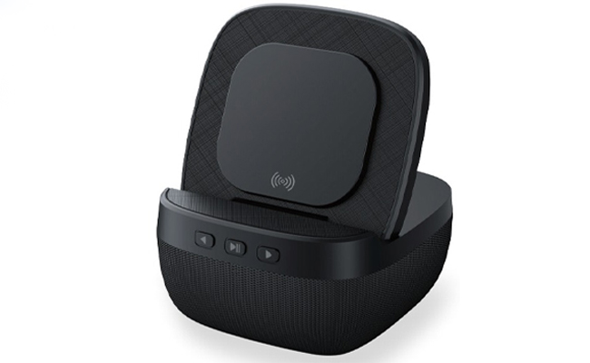 Speaker with a foldable wireless charging stand
